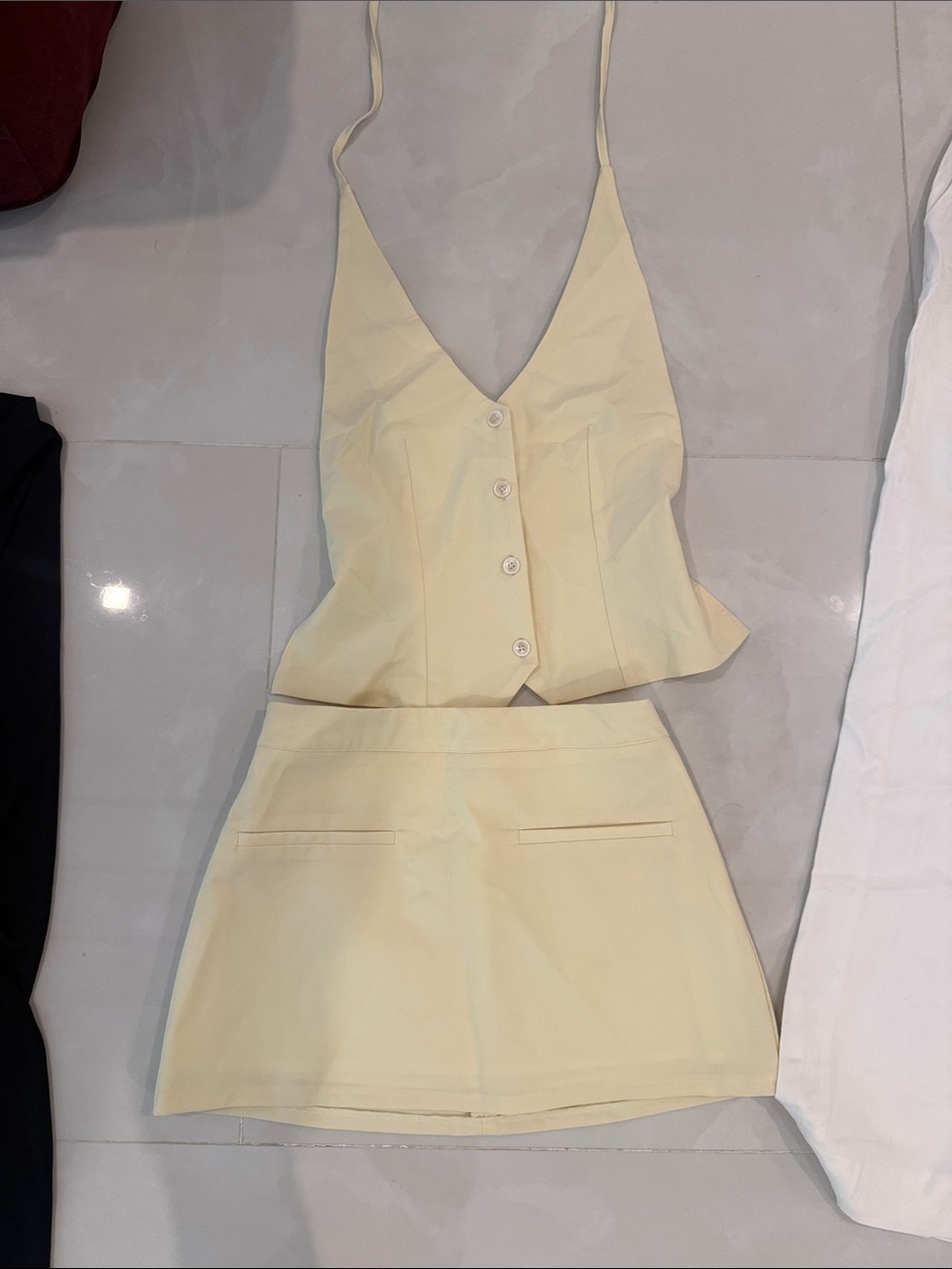 Peppermayo Cream Yellow Sleeveless Button Vest & Mini Skirt Set